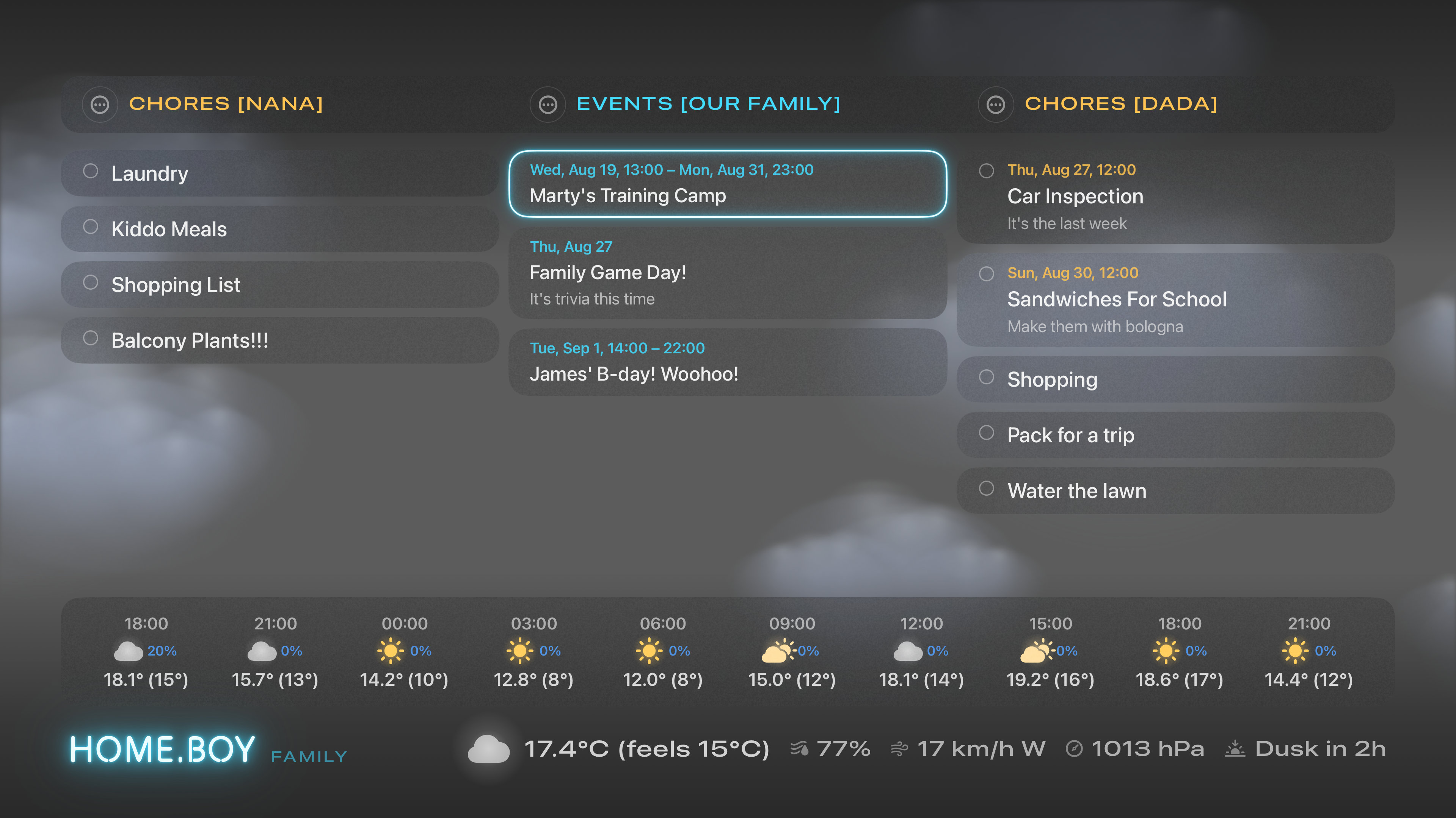 HOME.BOY Family screen: shared calendar and two chore lists